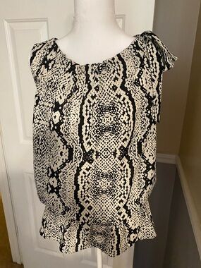 LOFT Black and Cream Snake-Print Sleeveless Blouson Top with Ruffle Hem